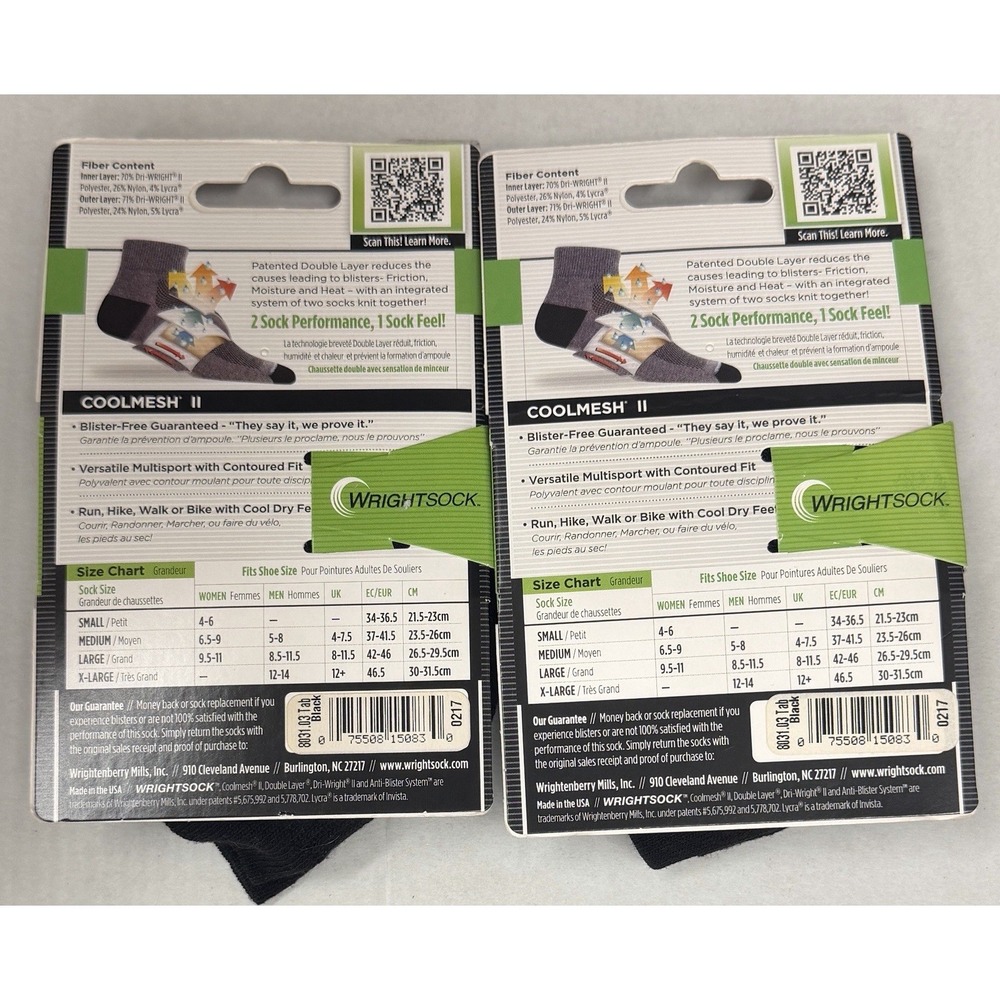 2 Pack WrightSocks Double Layer Coolmesh II Running Socks Adult SMALL Black - Picture 2 of 4